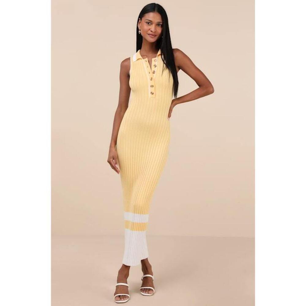 Lulus Stefany Yellow Ribbed Knit Collared Midi Sweater Dress - Size S